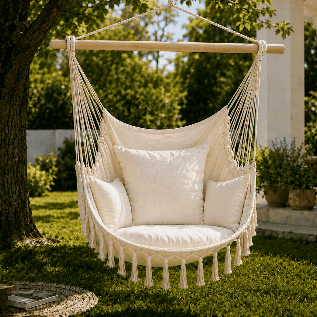 Chaise suspendue bohème avec coussins – Transformez votre espace en seulement 30 minutes – (100 cm × 130 cm)