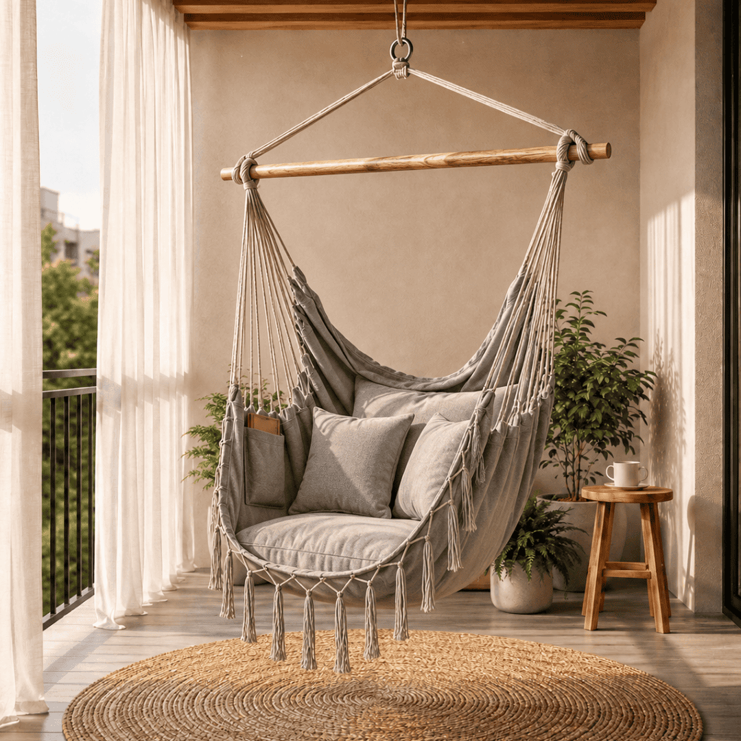 Chaise suspendue bohème avec coussins – Transformez votre espace en seulement 30 minutes – (100 cm × 130 cm)