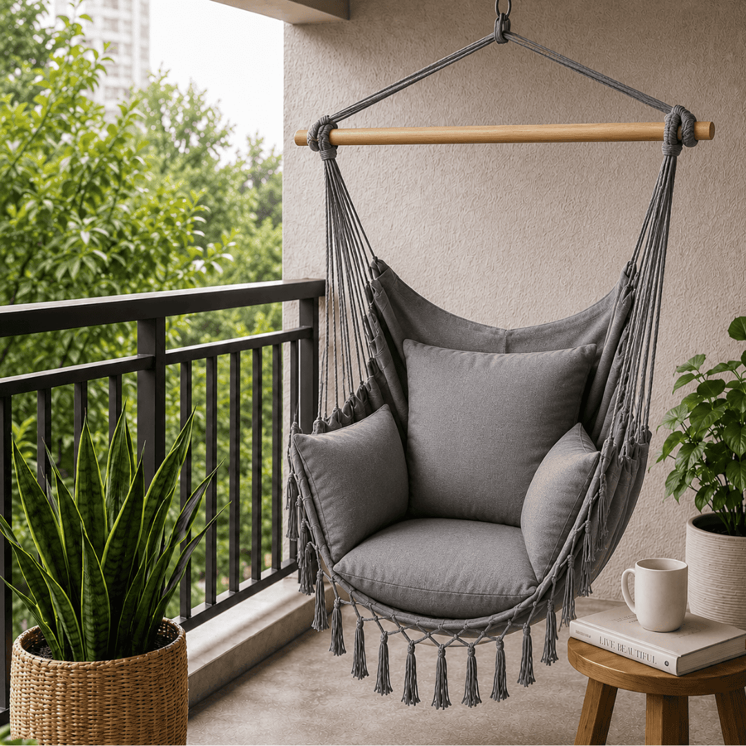 Chaise suspendue bohème avec coussins – Transformez votre espace en seulement 30 minutes – (100 cm × 130 cm)