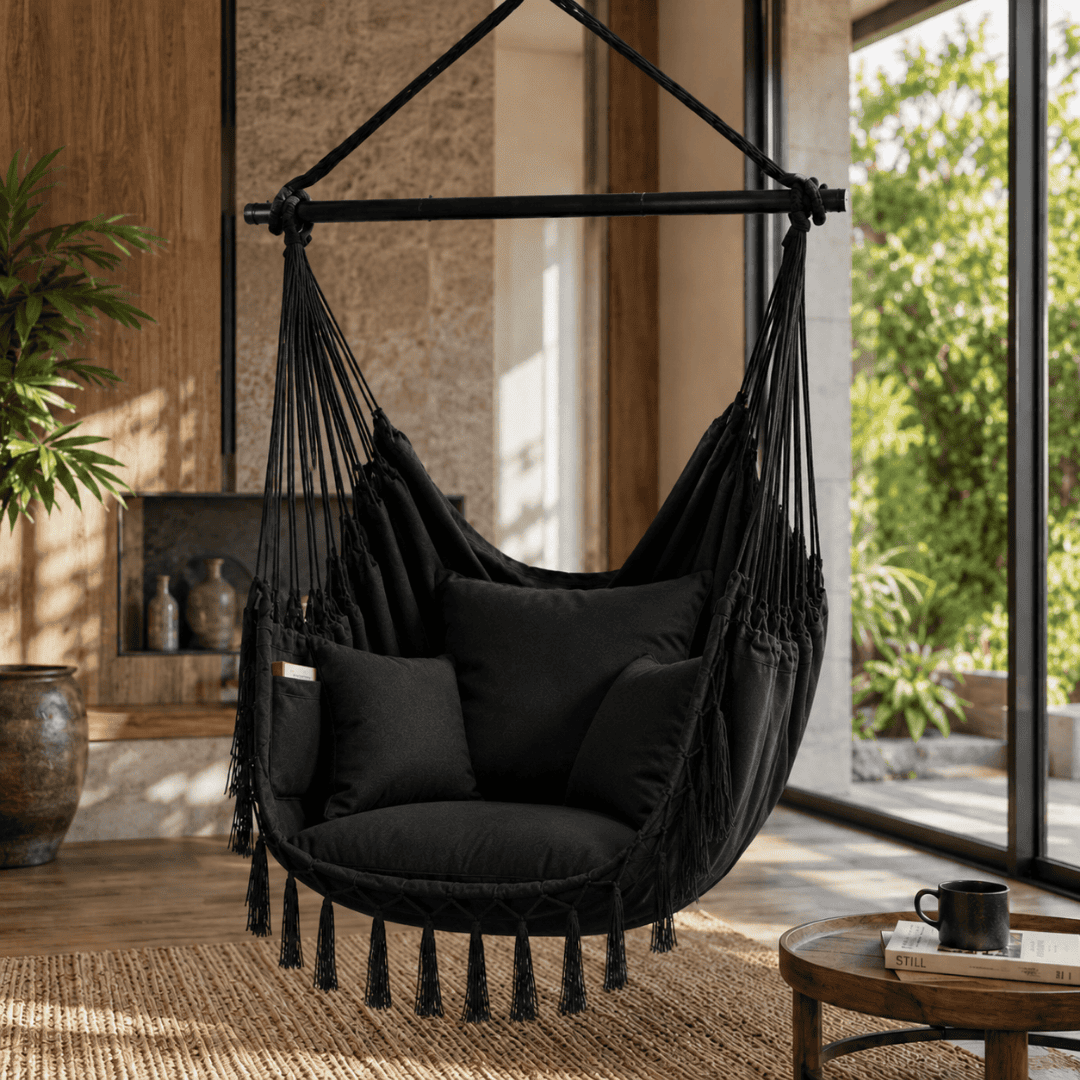 Chaise suspendue bohème avec coussins – Transformez votre espace en seulement 30 minutes – (100 cm × 130 cm)