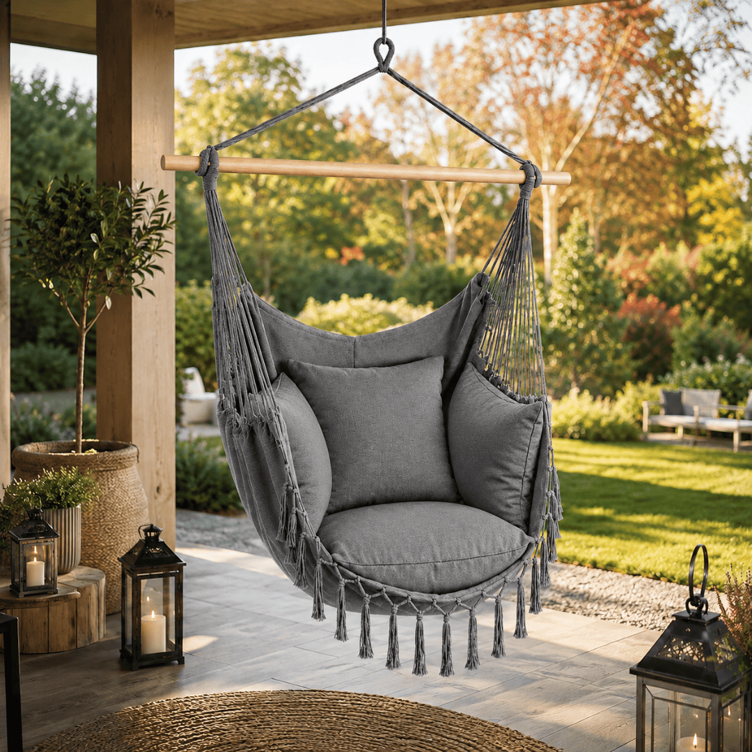 Chaise suspendue bohème avec coussins – Transformez votre espace en seulement 30 minutes – (100 cm × 130 cm)