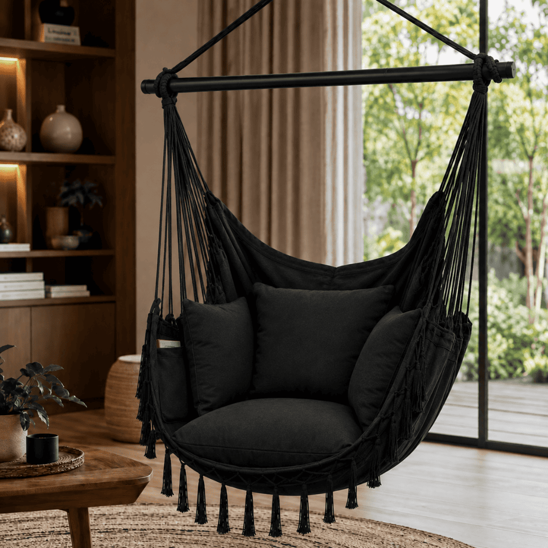 Chaise suspendue bohème avec coussins – Transformez votre espace en seulement 30 minutes – (100 cm × 130 cm)