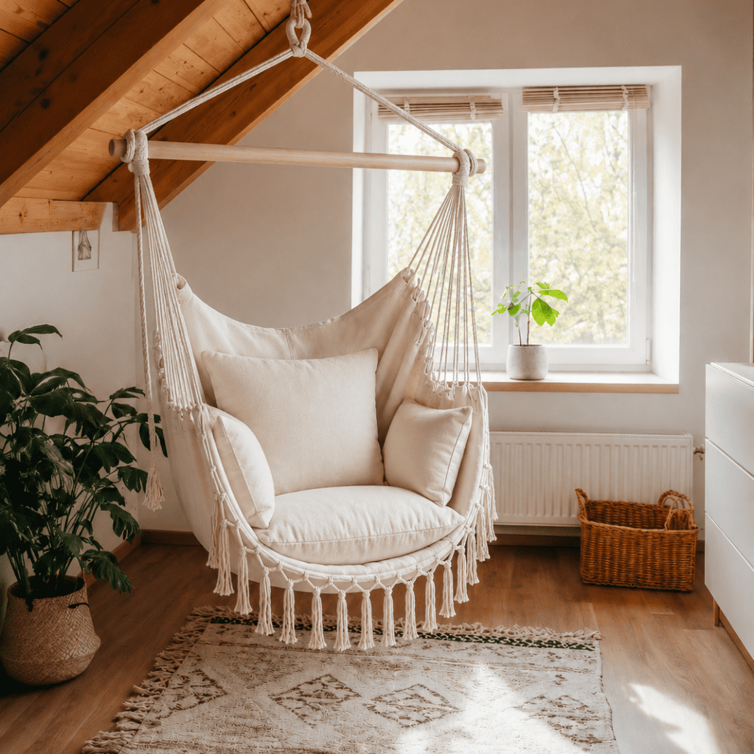 Chaise suspendue bohème avec coussins – Transformez votre espace en seulement 30 minutes – (100 cm × 130 cm)
