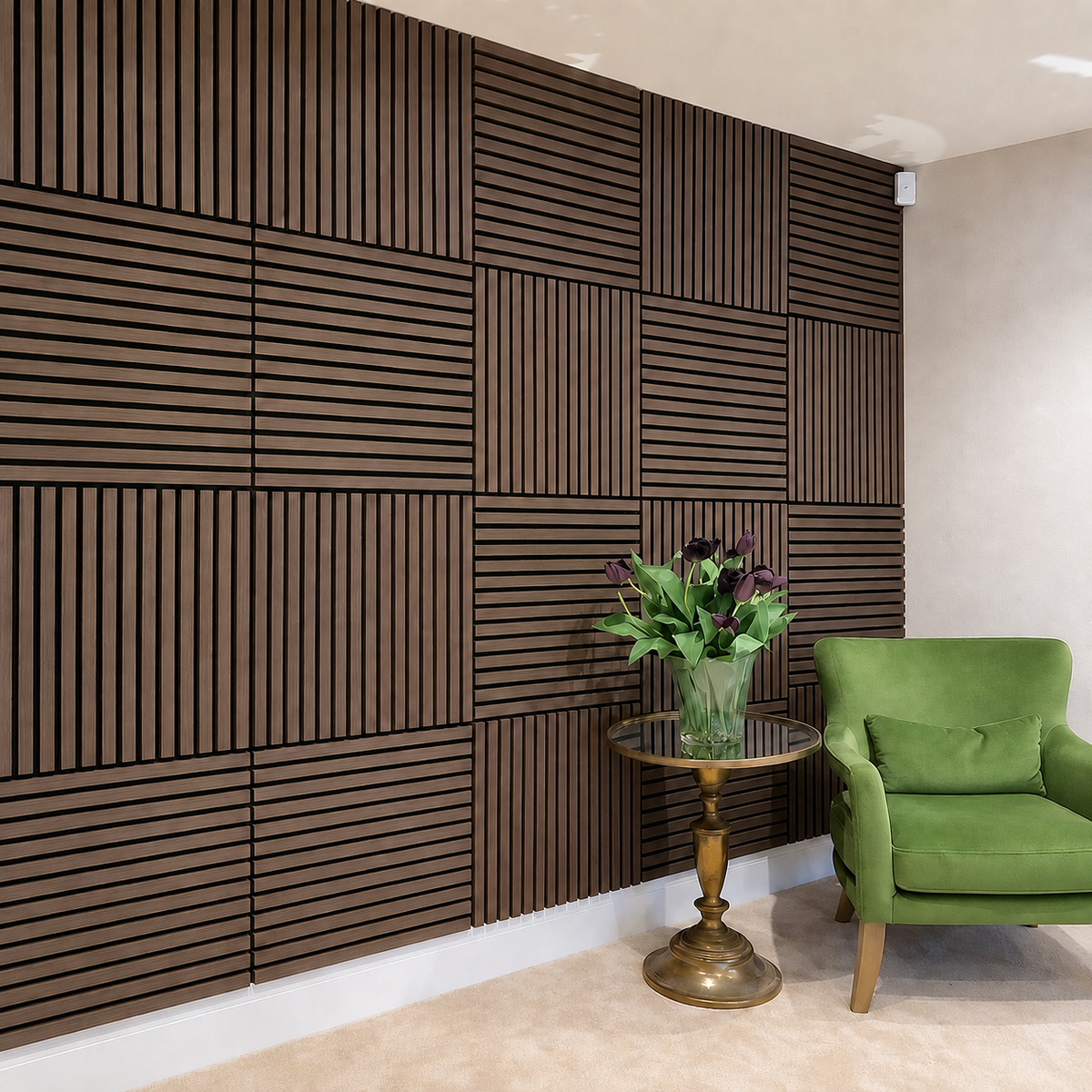 Panneau mural acoustique en bois – Transformez votre pièce en seulement 30 minutes – (70 cm x 70 cm)